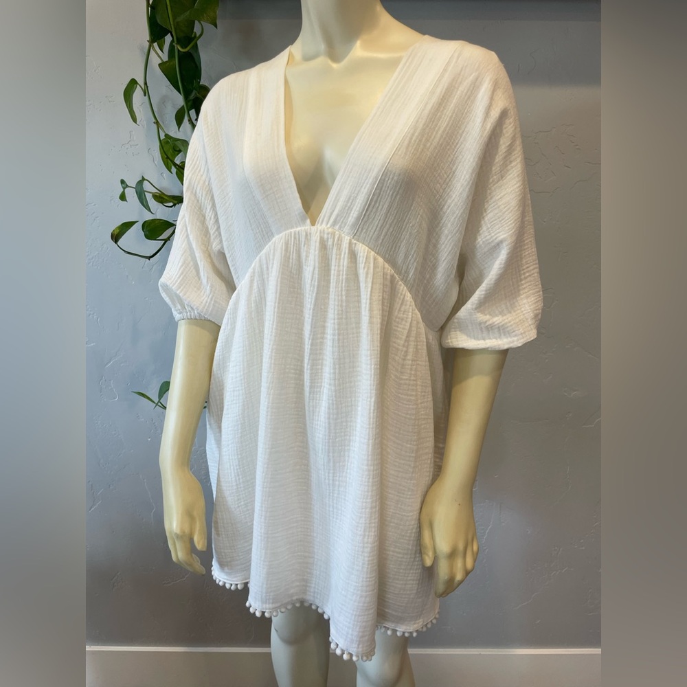 New 100% cotton muslin White V-Neck Tunic Dress with Pom Pom trim size S